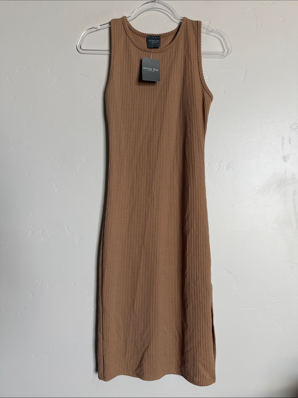 Olivia Rae Sleeveless Ribbed Midi Dress in Camel Brown Lightweight Stretchy Knit